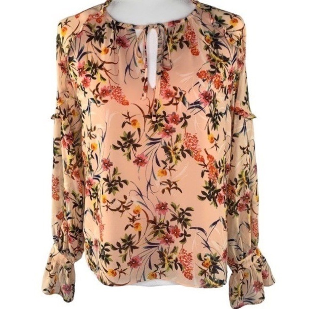 Rose + Olive Womens XS Floral Tie‎ Neck Chiffon Blouse Bell Sleeve Boho New